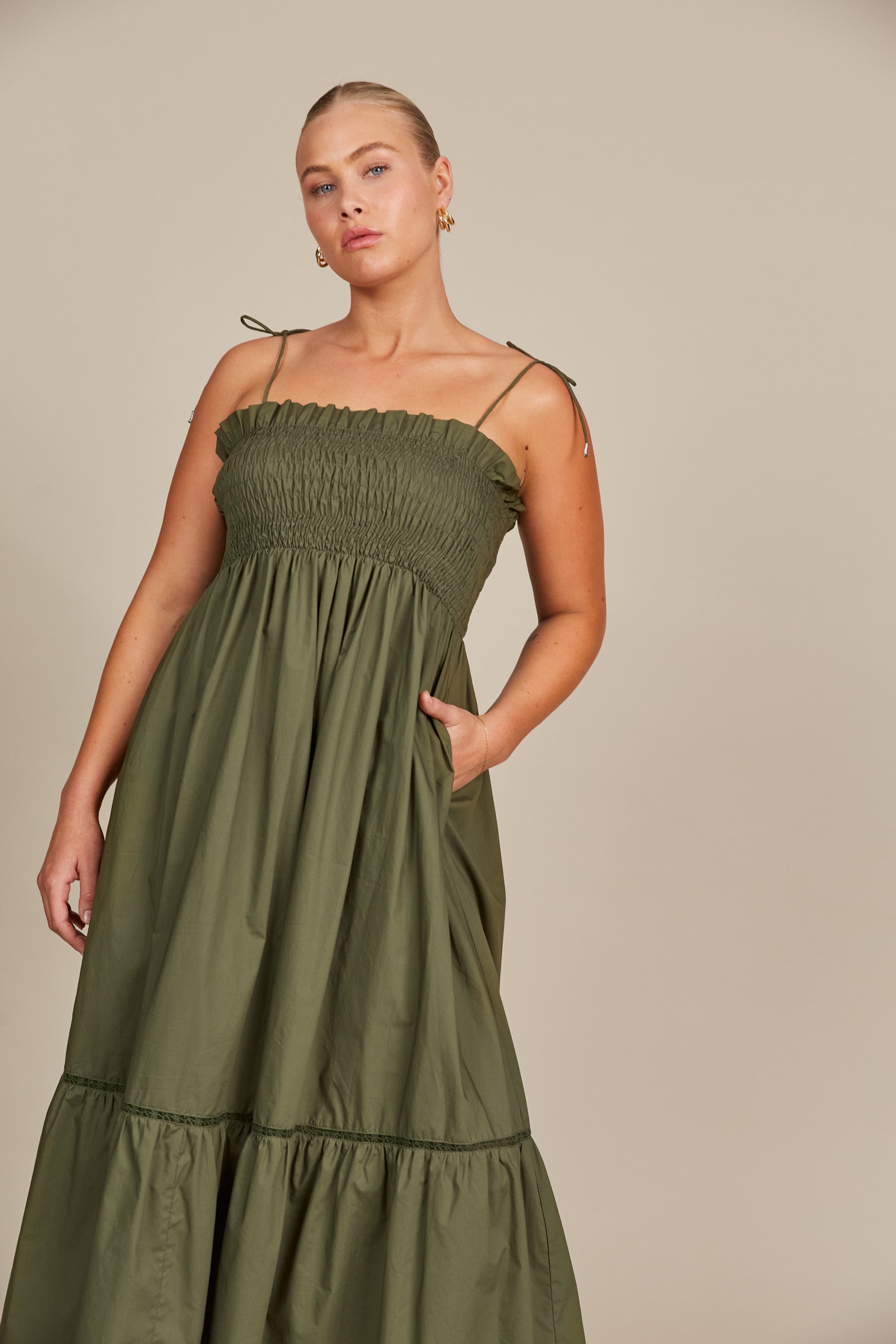 Remi Shirred Maxi Olive