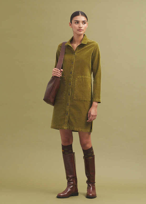 Micro Cord Shirt Dress - Khaki